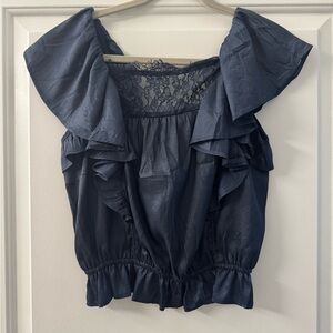 Navy Anthropologie Porridge Ruffle Sleeve Lace-Trim Women's Blouse